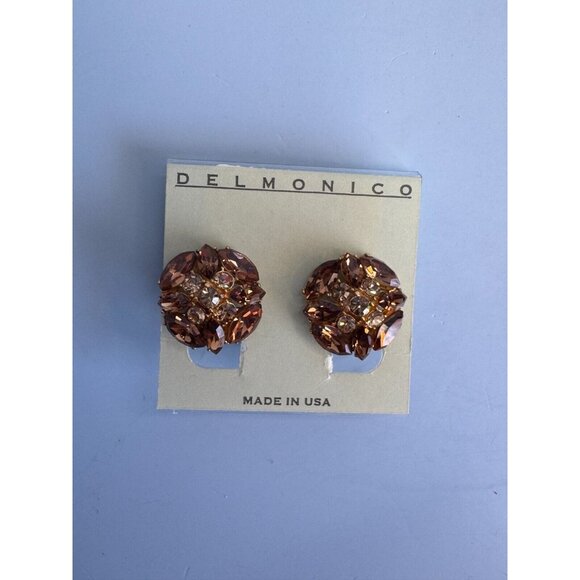 Vintage Delmonico Clip-On Earrings With Amber Rhinestones & Gold-Tone Metal - Picture 4 of 8